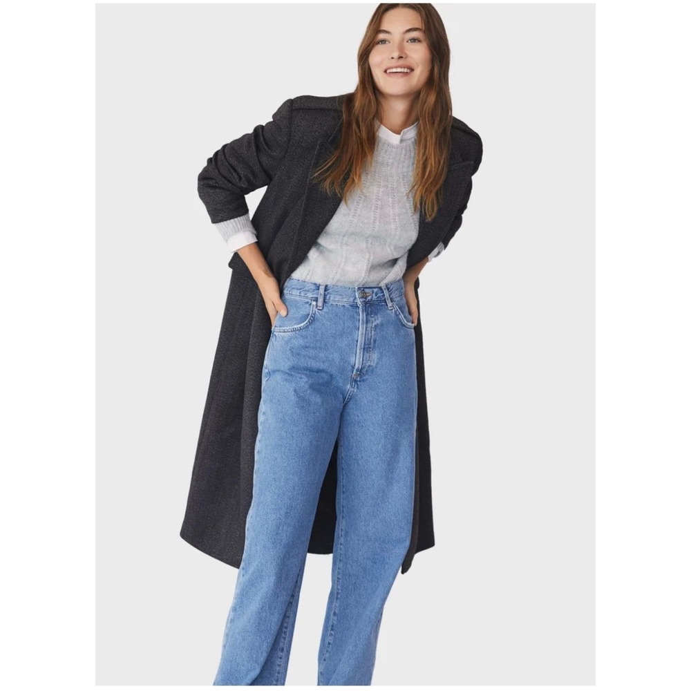 Mango Gray Herringbone Trench Coat Double Breasted‎ Belted Longline Classic